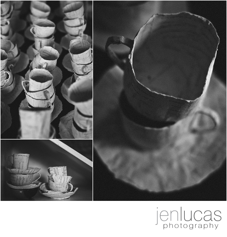 Black and white. Soyoung Kim, mixed media artist, made paper tea cups. 