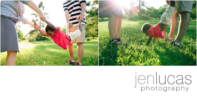 Parents playfully swing their child; child plays 'wheelbarrow' in green grass 