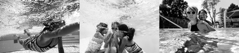 Black and white. Underwater photos of three sisters swimming in the pool.