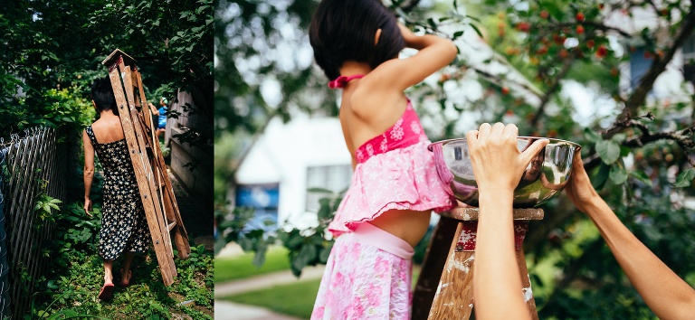 Mom carries a ladder to a cherry tree.