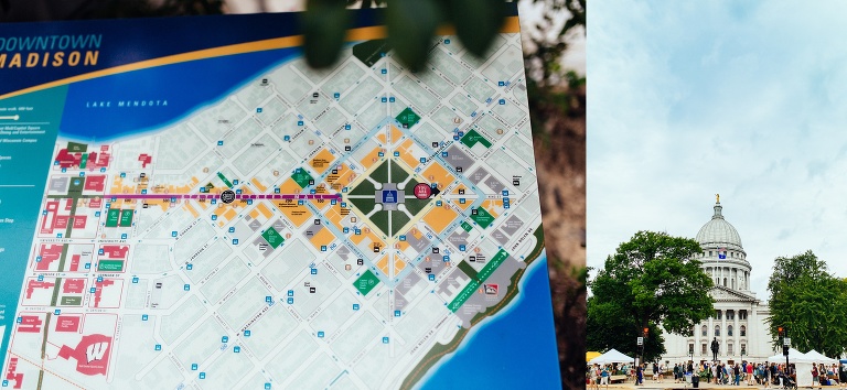 A map of downtown Madison. Image of the capital building during the farmers market.