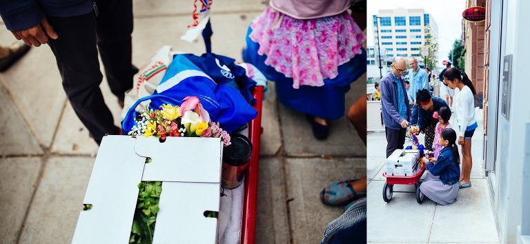 Red wagon full of goodies from a farmers market.