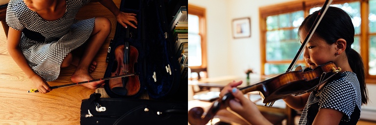Young girl stands playing her violin.