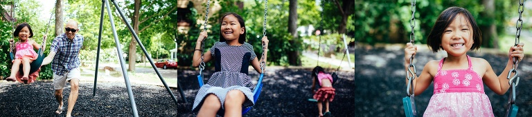 Three images of young girls swinging on a swing at a neighborhood park.