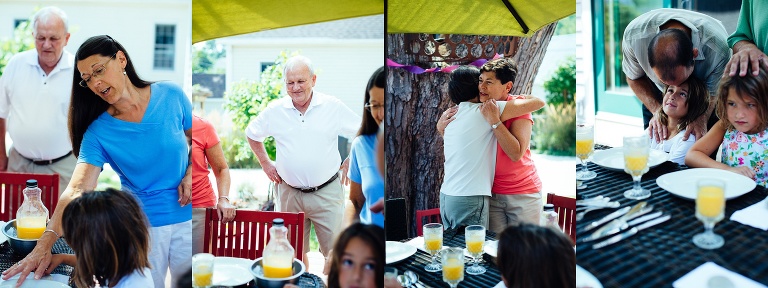Family outside eating brunch celebrating their mothers 90th birthday.
