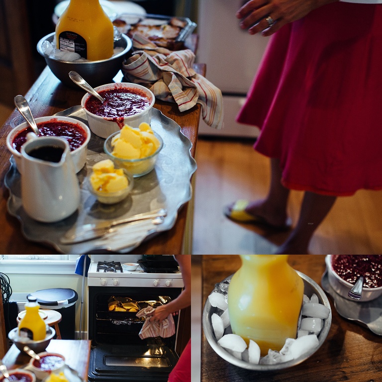 family prepares brunch in celebration of mothers 90th birthday.