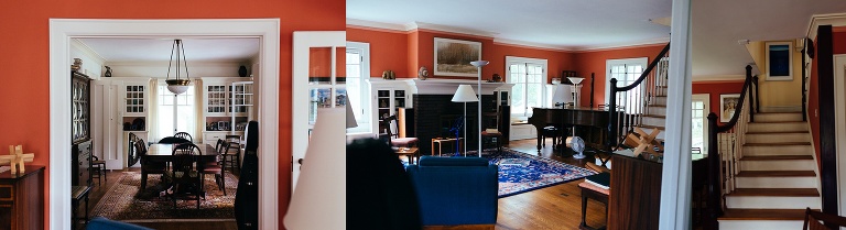Colorful and traditional living room, stairs, and dining room.