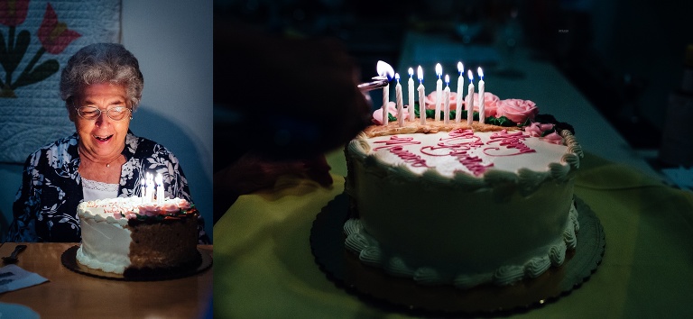 Family celebrates mothers 90th birthday with a big cake.