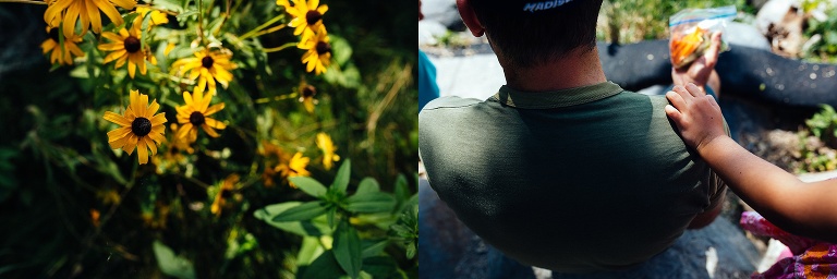 Colorful yellow flowers. Child's hand resting on fathers shoulder.