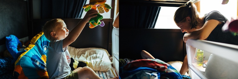 Young boy sitting in bed playing with a stuffed animal.
