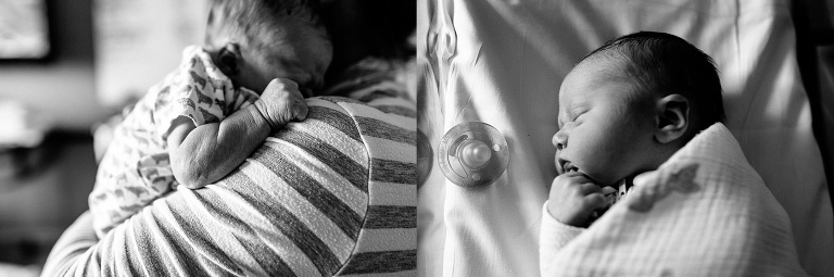 Black and white. Sleeping newborn baby in the hospital room.