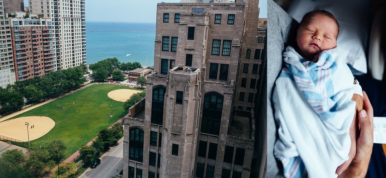 View outside the hospital window. Sleeping newborn baby.