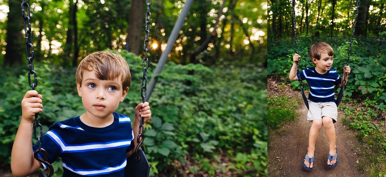Young boy swinging on a swing outside at park.