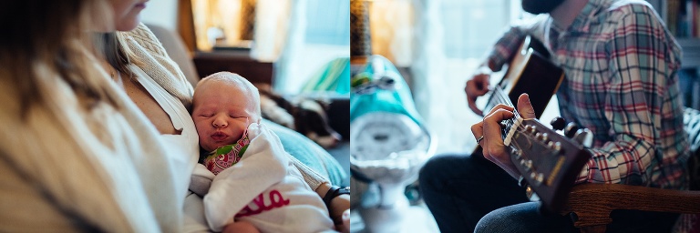 Father plays guitar as mother holds sleeping newborn baby girl.