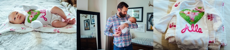 Newborn baby lays on baby blanket wearing onesie with her name on it.