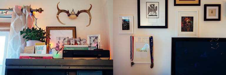 Family's house. Picture frames hanging on the wall.