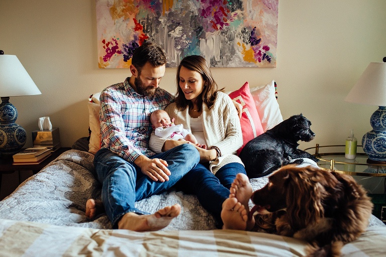 Mother and father lay on bed next to their two dogs and holding newborn baby 