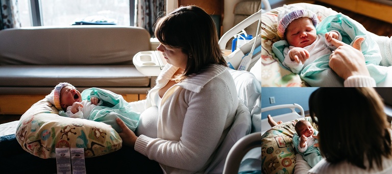 Mother laying on hospital bed with yawing sleeping newborn baby.