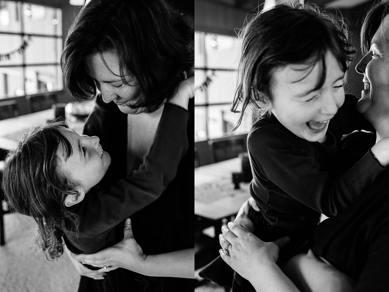Black and white. Two photos. Mom engages in joyful play with young daughter.