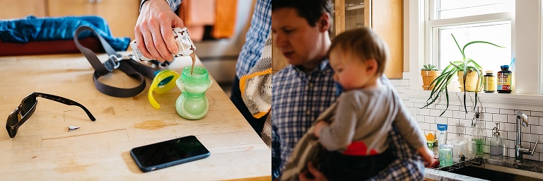 Father holds son as he pours milk into a bottle.
