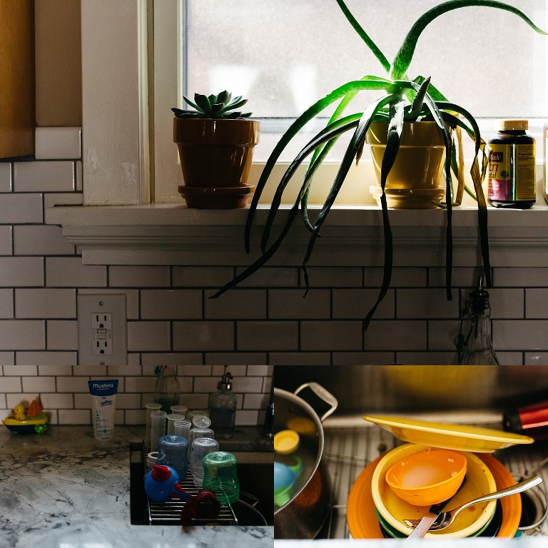 Two succulent plants hang on window ledge over sink full of messy dishes.