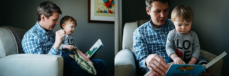 Father reads story to toddler boy.