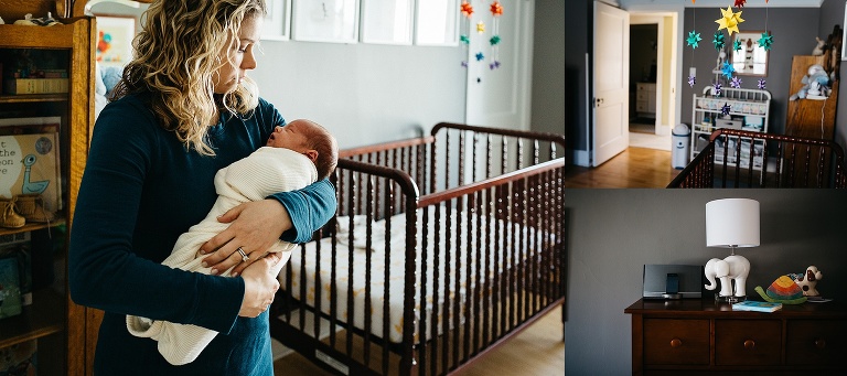 Mother cradles newborn baby in her arms in the nursery.