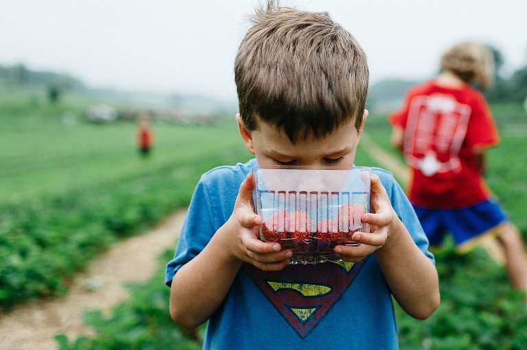 Location: strawberry patch. Young boy holds clear carton full of strawberry's up to his nose.