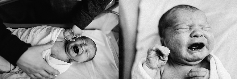 Black and white. Newborn baby cry's while laying in hospital crib.