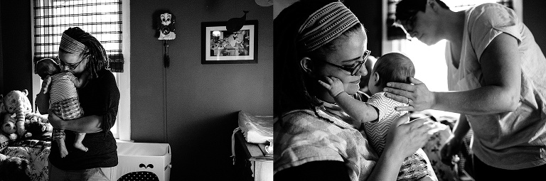 Black and white. Mothers hold and cuddle newborn baby boy.
