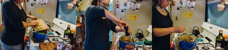 Woman in a kitchen makes chili on a stove.