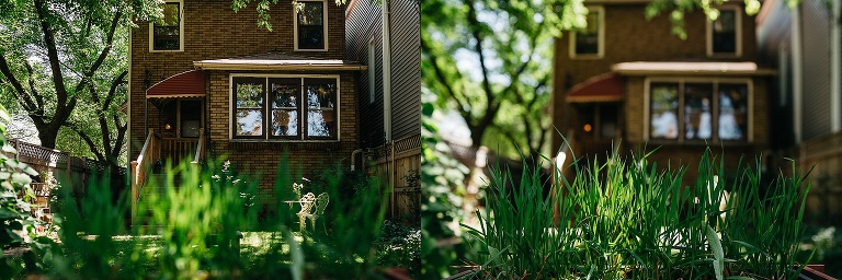 Two photos of the same brick house and green grass in the backyard. brick house with green grass in the backyard blurred. Camera focused on the green grass in the backyard of a red brick house.