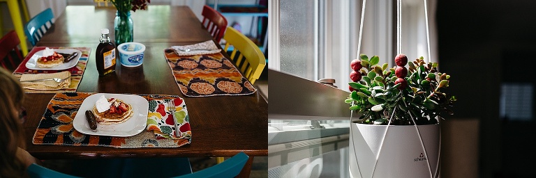 Table set with strawberry pancakes and syrup. hanging succulent in the window.