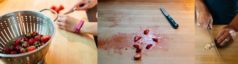 Mother slices fresh strawberries on a wood cutting board.