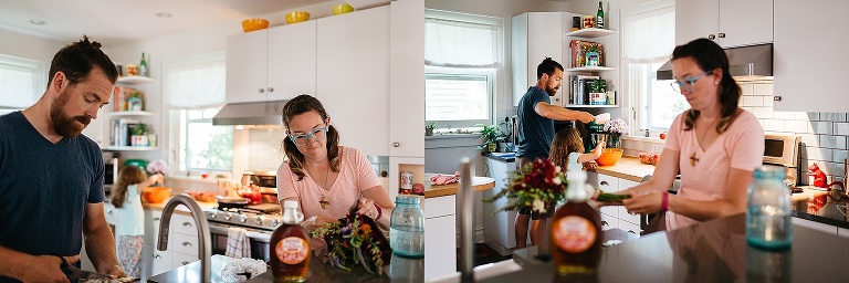 Mother, father, and daughter make pancakes in the kitchen.