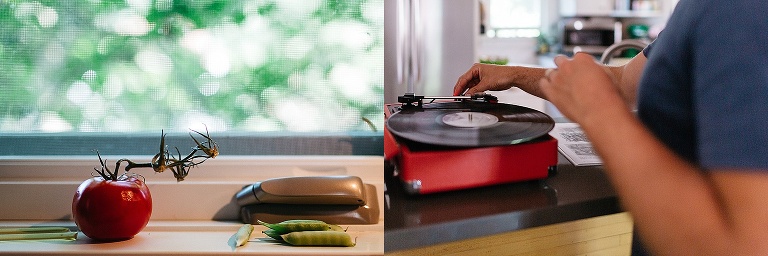 red tomato and two green snap peas sit on a window sill. Father starts a record player.
