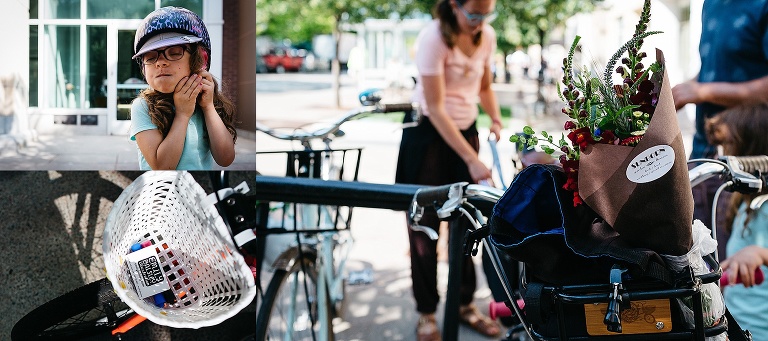 Family gets ready to bike home after a morning at a farmers market.