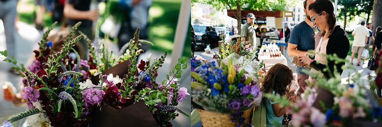 Mother, father, and daughter at a farmers market buying a bouquet of flowers.