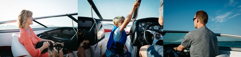 Mother sitting on a boat with a puppy on her lap. Father driving the boat. Son watching his dad.