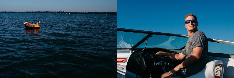 Father driving speed boat looks behind him to kid on a inter tube.