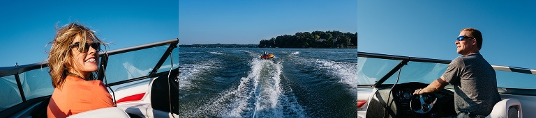 Mother and father in a motorboat pulling kid on a inter tube.