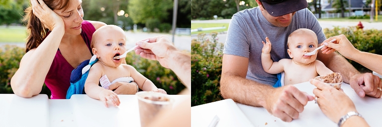 Mother and father hold onto son as they all eat chocolate ice cream.