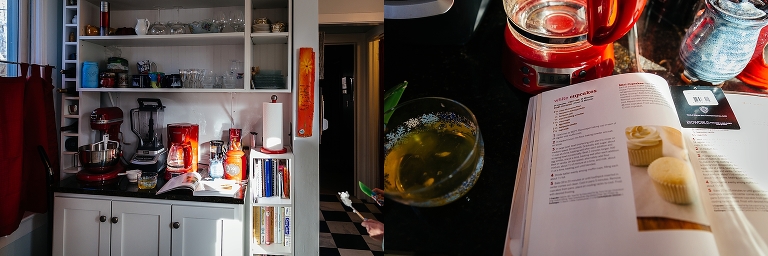 Full kitchen with white cupcake recipe open on counter.