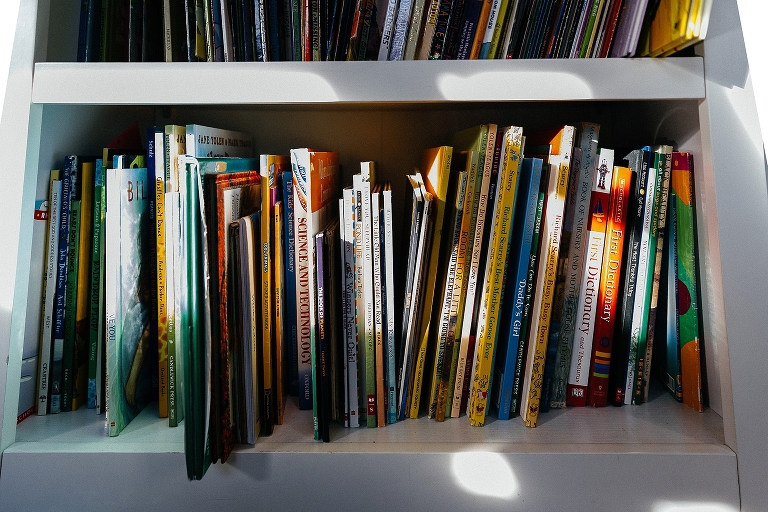 Children books fill bookshelf