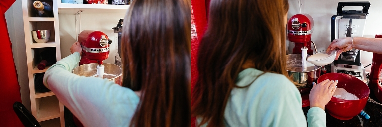 Girl adds milk into stand mixer 