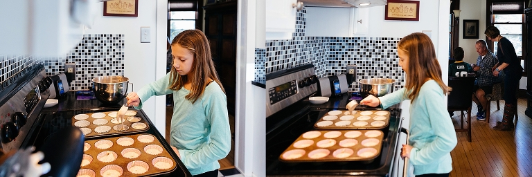 Girl baking in kitchen fills cupcake tins with cake batter.