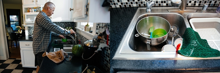 Father in kitchen does dishes from making cupcakes