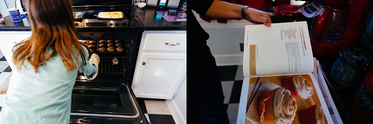 Girl in kitchen takes baked cupcakes out of the oven to let cool