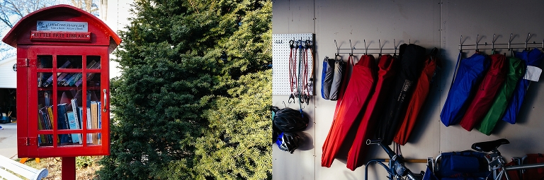 Red and glass little free library outside near evergreen tree.