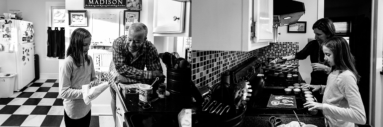 Black and white. Mother, father and daughter in kitchen frost freshly baked cupcakes